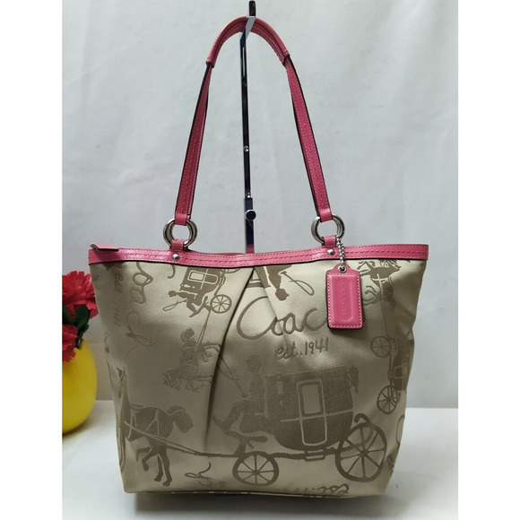 Coach Beige Canvas Pink Leather Trim Double Handle Zipper Closure Tote Bag - Picture 1 of 15